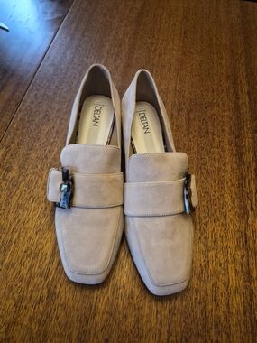 DELTAN Women's Suede Tortoise  Buckle Flared Block Heel in Cream Color Size‎ 9M
